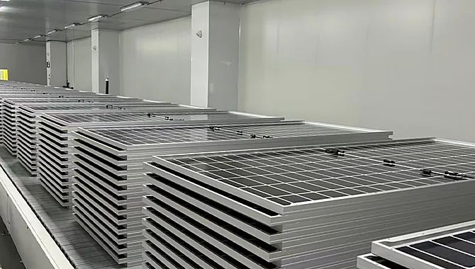 PP-Solar-Panels-in-Pallets-in-Our-Warehouse PP warehouse with solar panels stacked in pallets ready for shipment