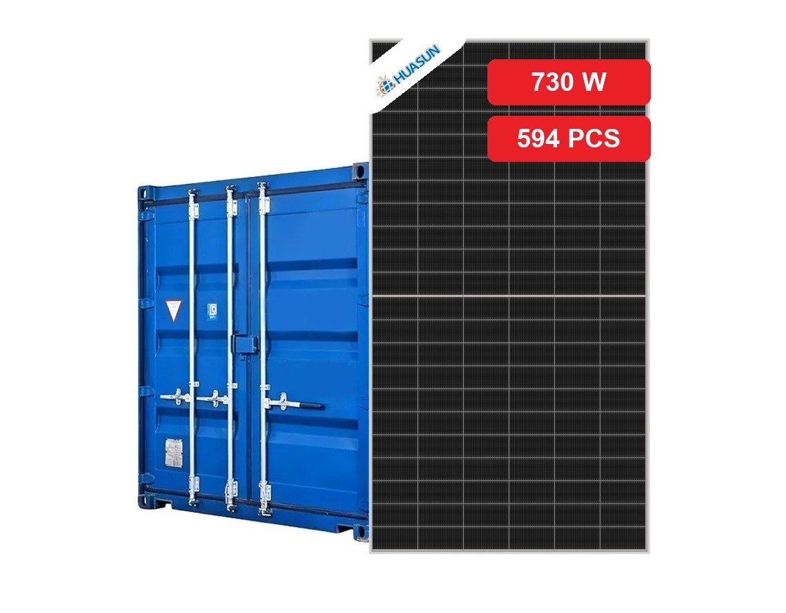Huasun 730W solar panel container illustration, 594 modules per 40HQ