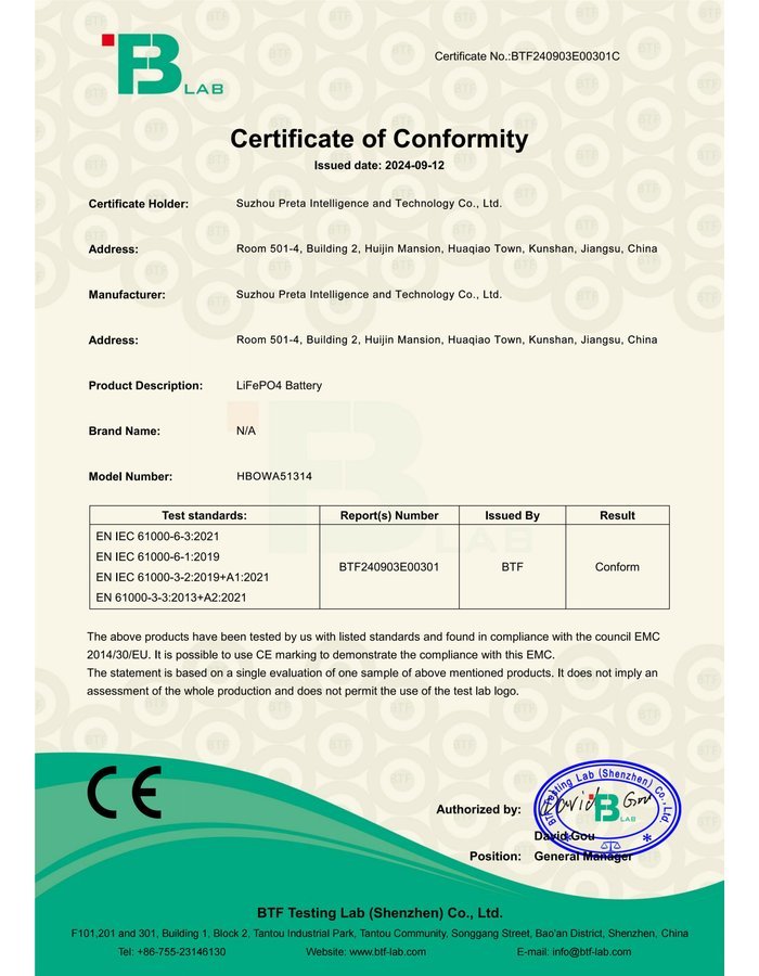 CE certificate cover for HBOWA 51.2V 314Ah High Voltage Battery - official certification document