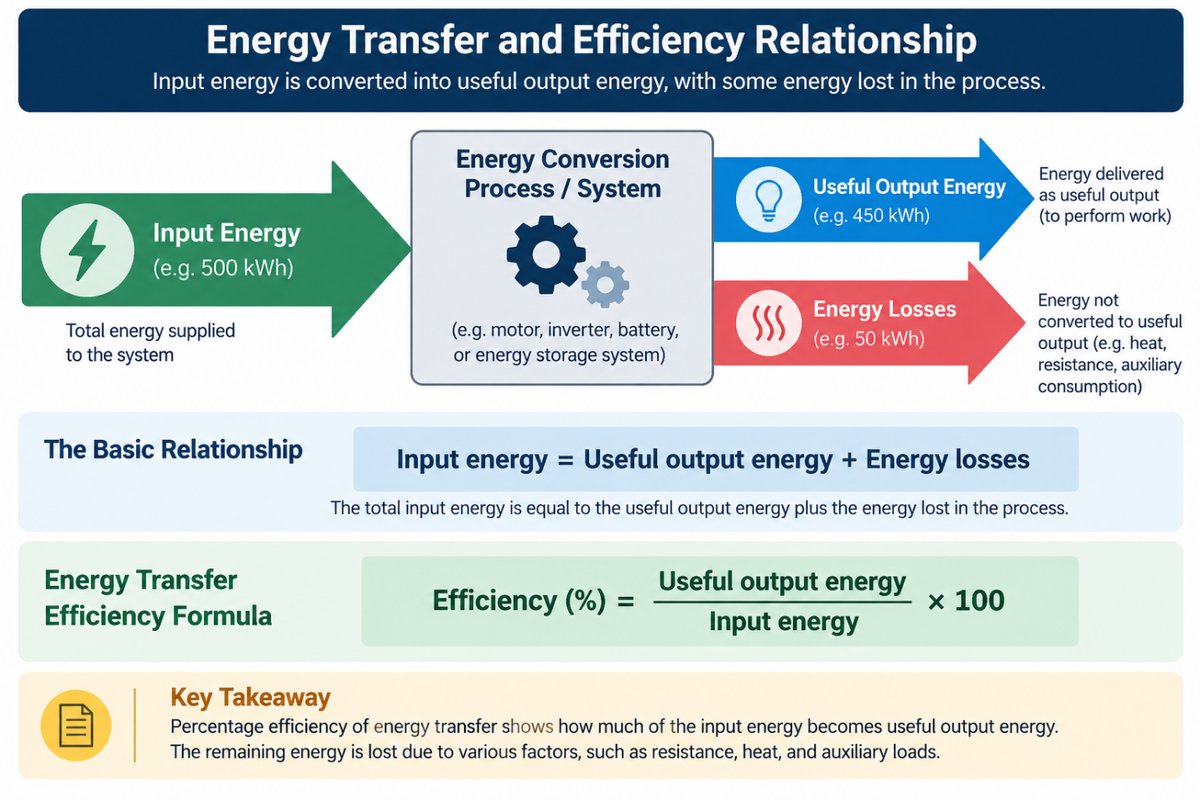 Percentage efficiency of energy transfer relationship diagram Energy transfer and efficiency relationship diagram showing input energy, useful output energy, and energy losses with the efficiency formula