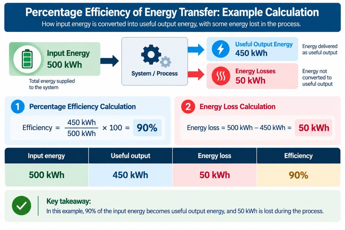 Percentage efficiency of energy transfer example calculation Percentage efficiency of energy transfer example calculation with 500 kWh input, 450 kWh useful output, 50 kWh energy loss, and 90% efficiency