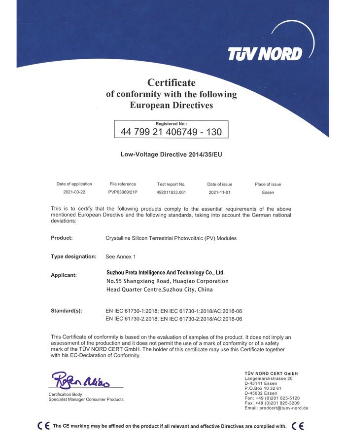 CE certificate cover for HBOWA PP Solar Panels - official certification document