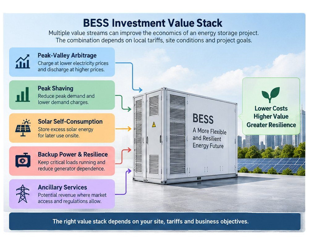 BESS Investment Value Stack BESS investment value stack including arbitrage, peak shaving, solar self-consumption, backup power and ancillary services
